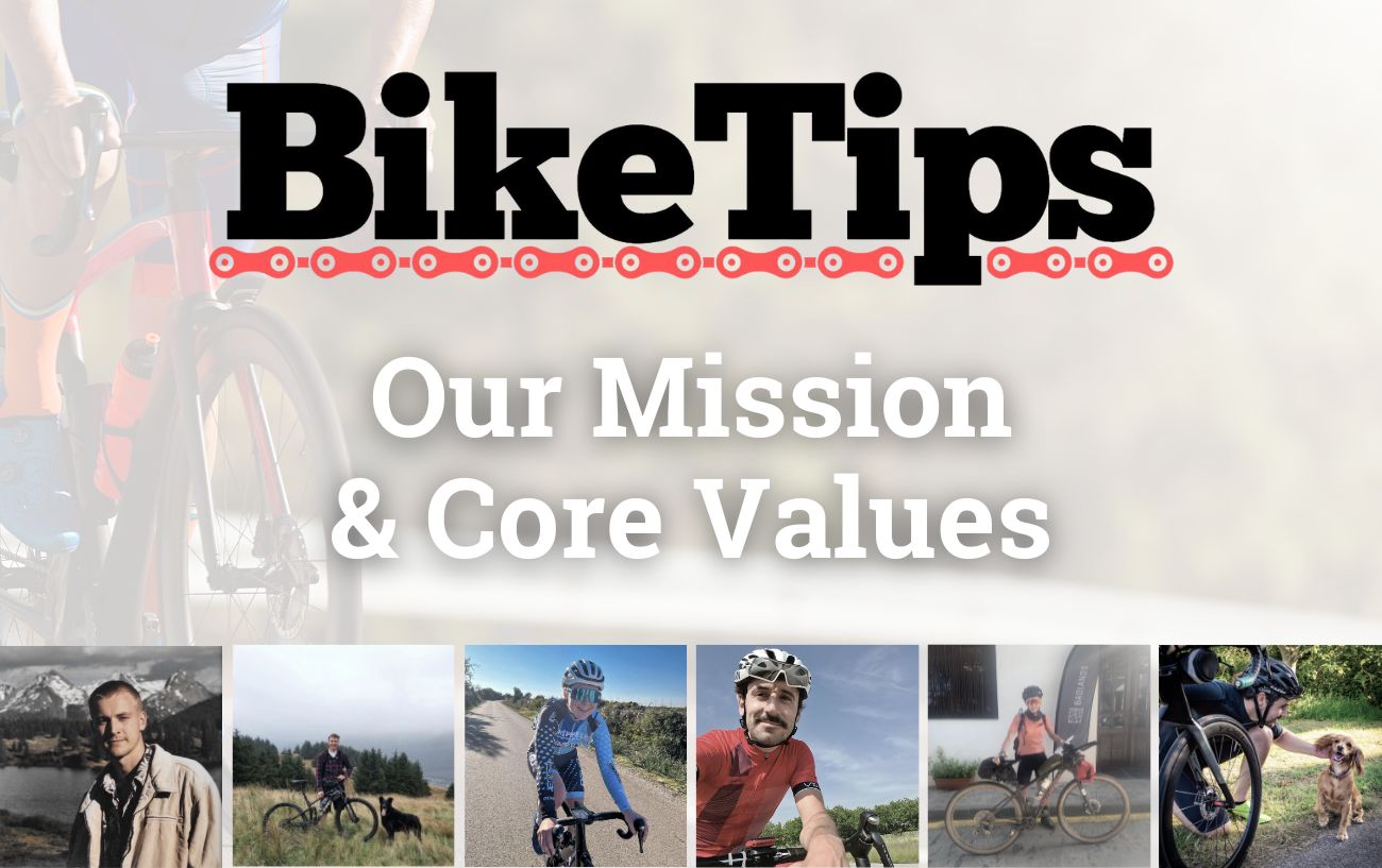 Title image for the BikeTips Mission and Core Values page, showing the BikeTips logo and headshots of members of the BikeTips writing team.